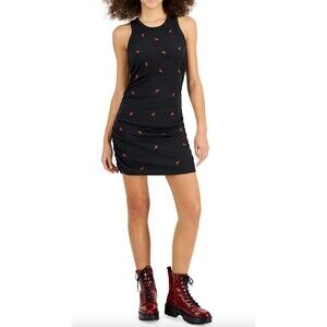 Rebellious One Embroidered Roses Tank Dress Juniors M Black Crew Neck Ruched